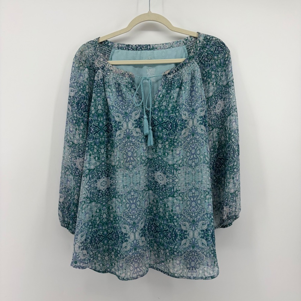 St. Johns Bay Womens PXL Teal Blue Damask Peasant Blouse Tassel Tie Top